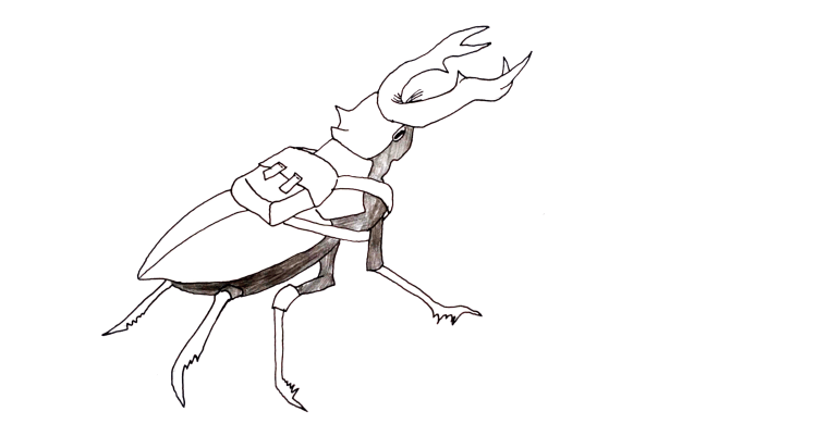 Hirschkäfer mit Rucksack auf dem Rücken in Lineart gezeichnet