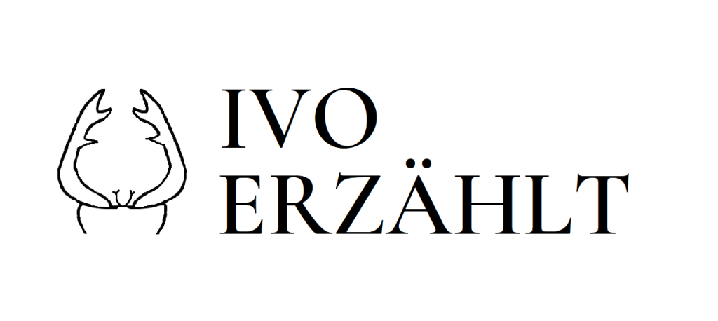 Links gezeichneter Hirschkäfer als Lineart, rechts Schriftgrafik in Großbuchstaben: "Ivo erzählt"